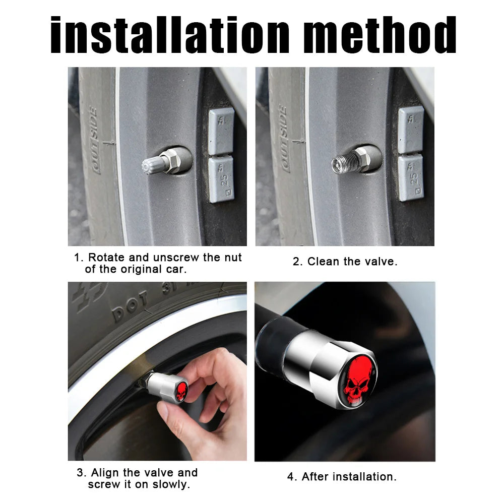 Skull Tire Valve Stem Cap Set of Four Dustproof and Corrosion Resistant Universal Fit for Car Bicycle Truck and Motorcycle