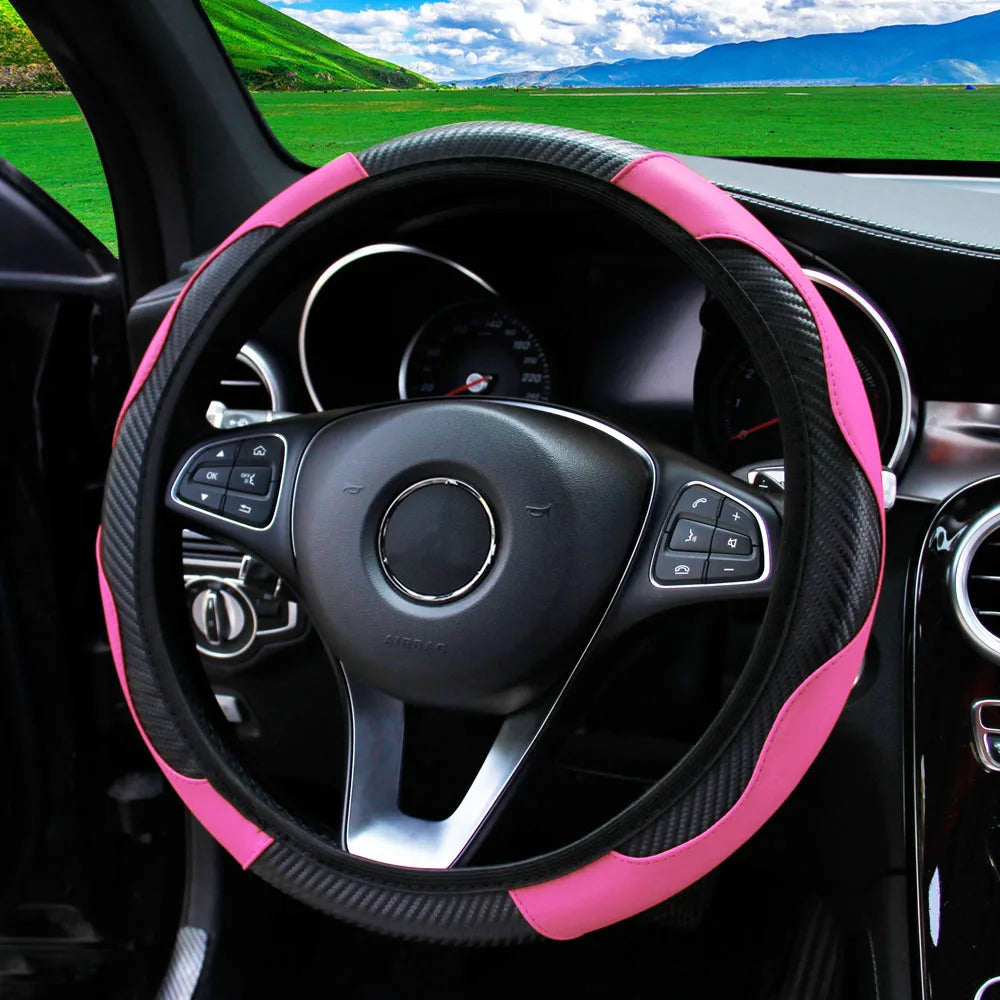 Carbon Fiber PU Leather Steering Wheel Cover for 14.5 to 15 Inch Wheels