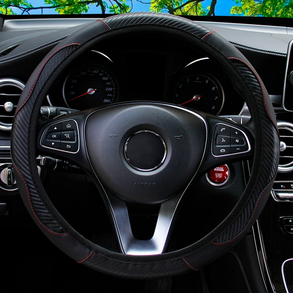 Carbon Fiber PU Leather Steering Wheel Cover for 14.5 to 15 Inch Wheels