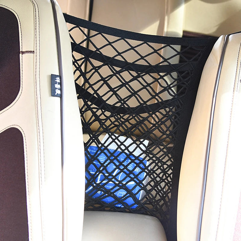 Car Mesh Seat Organizer and Pet Barrier with Pockets – 3 Layer Storage Net for Front Seats