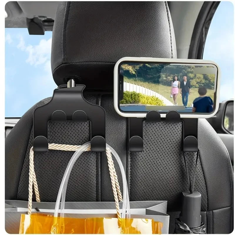 Car Headrest Hook with Phone Holder – Back Seat Organizer and Mobile Stand