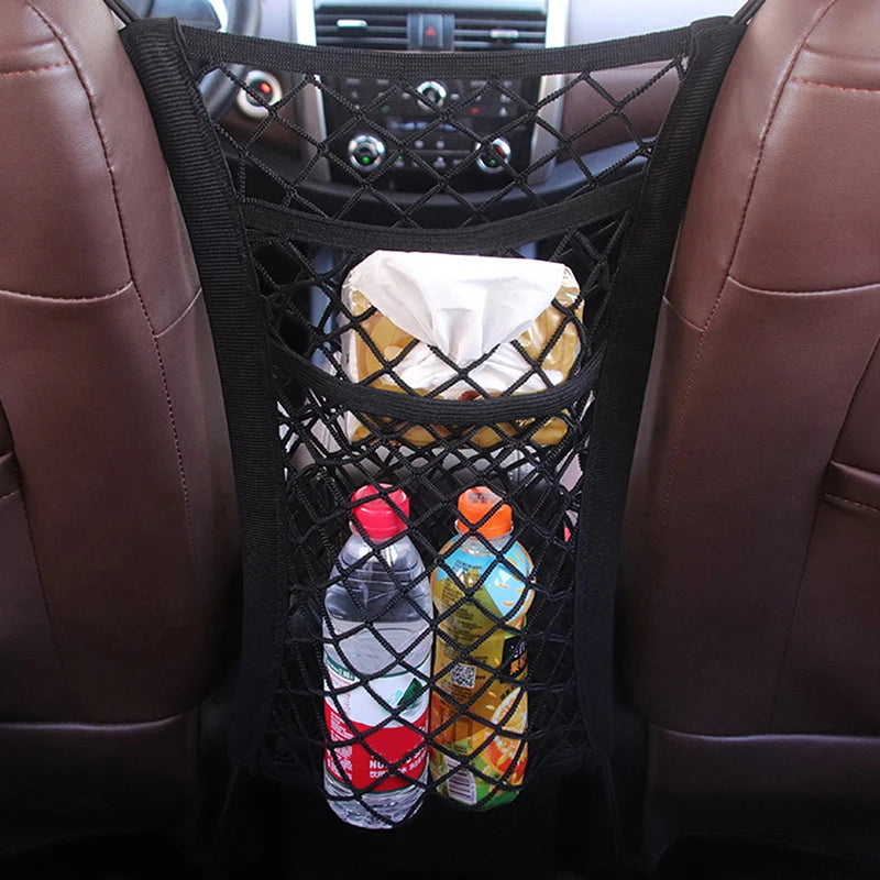 Car Mesh Seat Organizer and Pet Barrier with Pockets – 3 Layer Storage Net for Front Seats