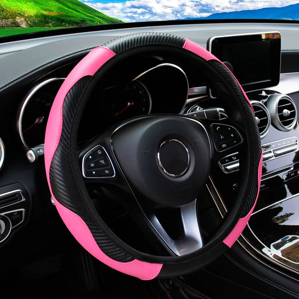 Carbon Fiber PU Leather Steering Wheel Cover for 14.5 to 15 Inch Wheels