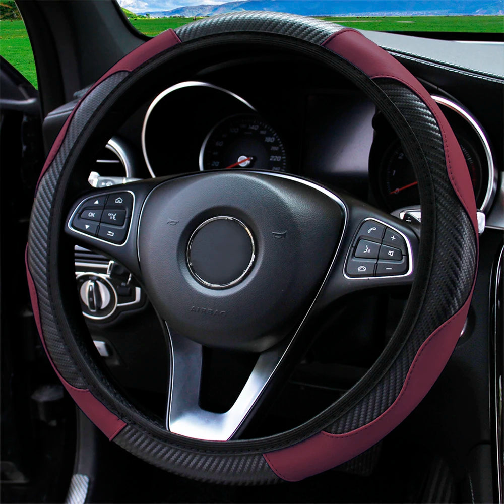 Carbon Fiber PU Leather Steering Wheel Cover for 14.5 to 15 Inch Wheels