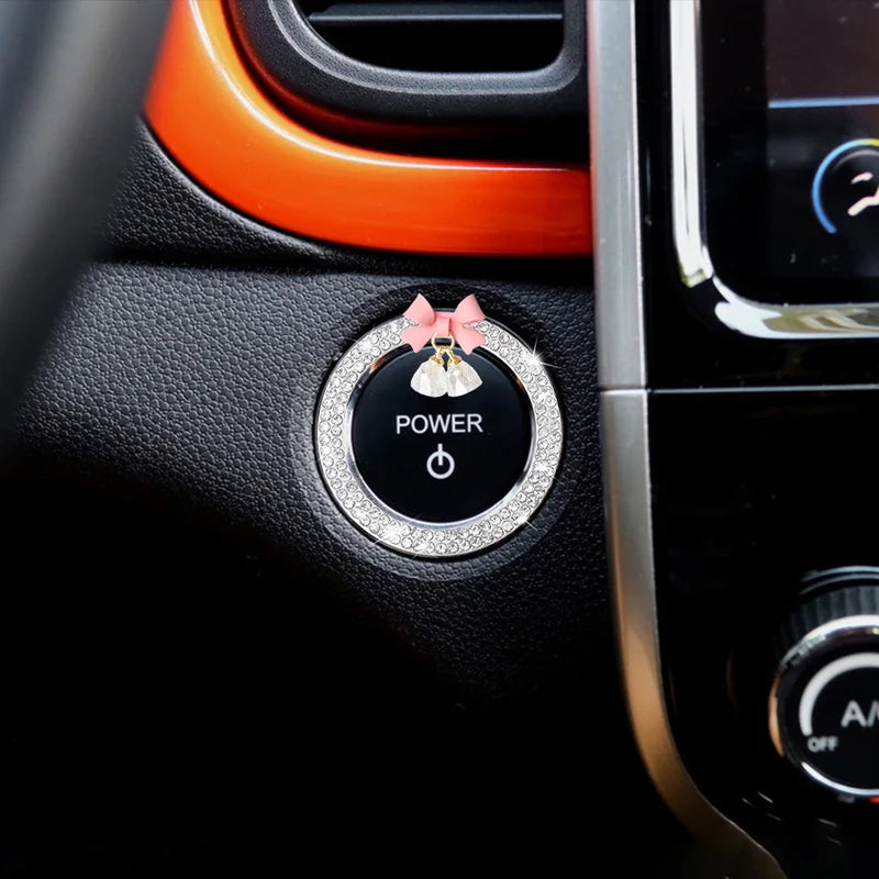 Rhinestone Bow Bell Car Start Switch Button Cover – Decorative Diamond Sticker Ring Trim