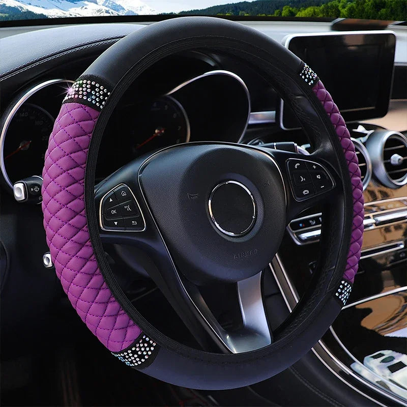 Luxury Diamond Embroidered Leather Steering Wheel Cover