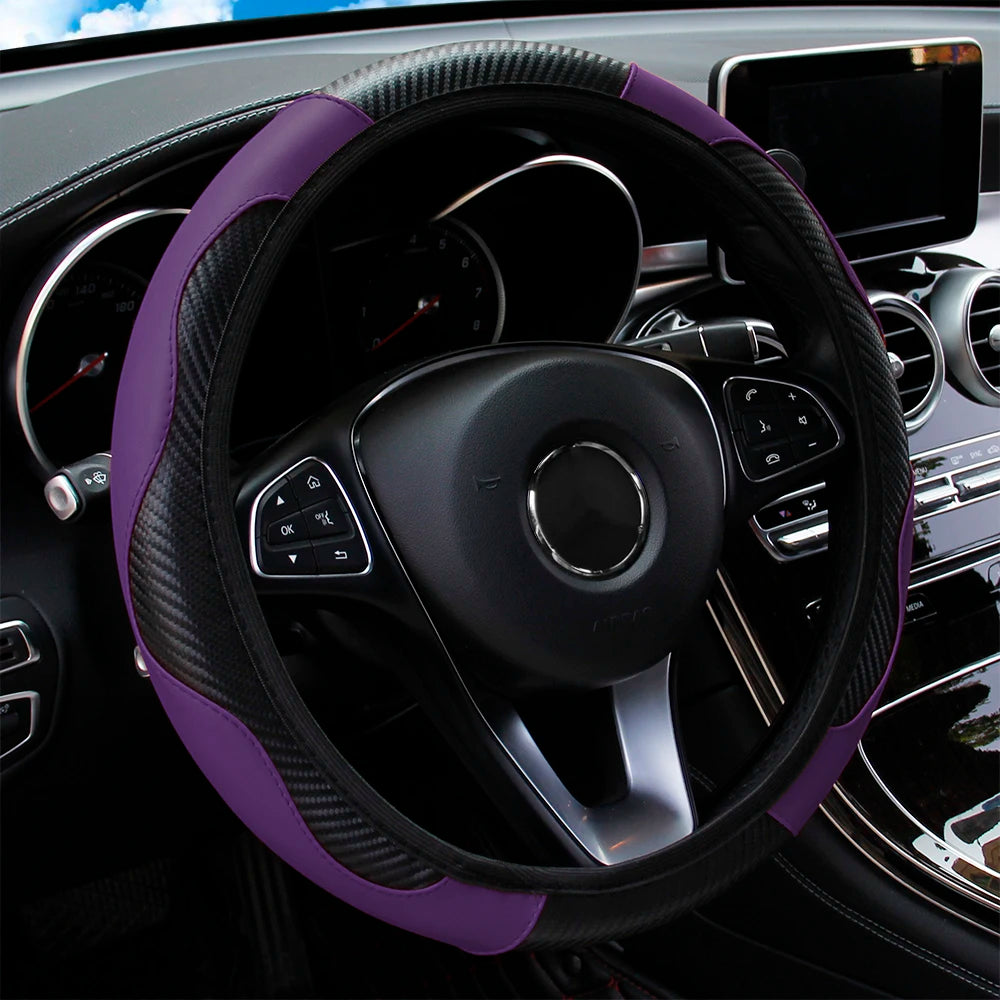 Carbon Fiber PU Leather Steering Wheel Cover for 14.5 to 15 Inch Wheels