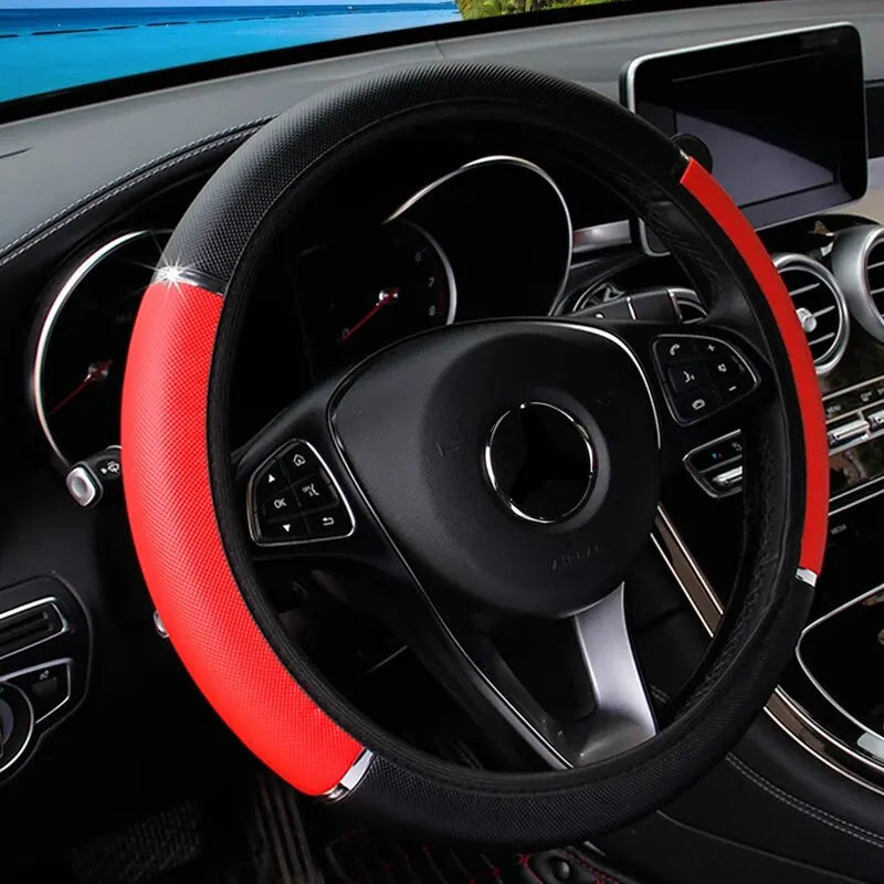 Leather Metal Strip Sporty Pop Steering Wheel Cover – Fits 14.5-15 Inch Wheels
