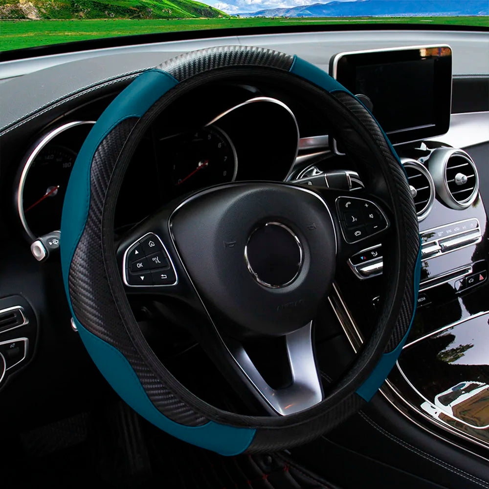 Carbon Fiber PU Leather Steering Wheel Cover for 14.5 to 15 Inch Wheels
