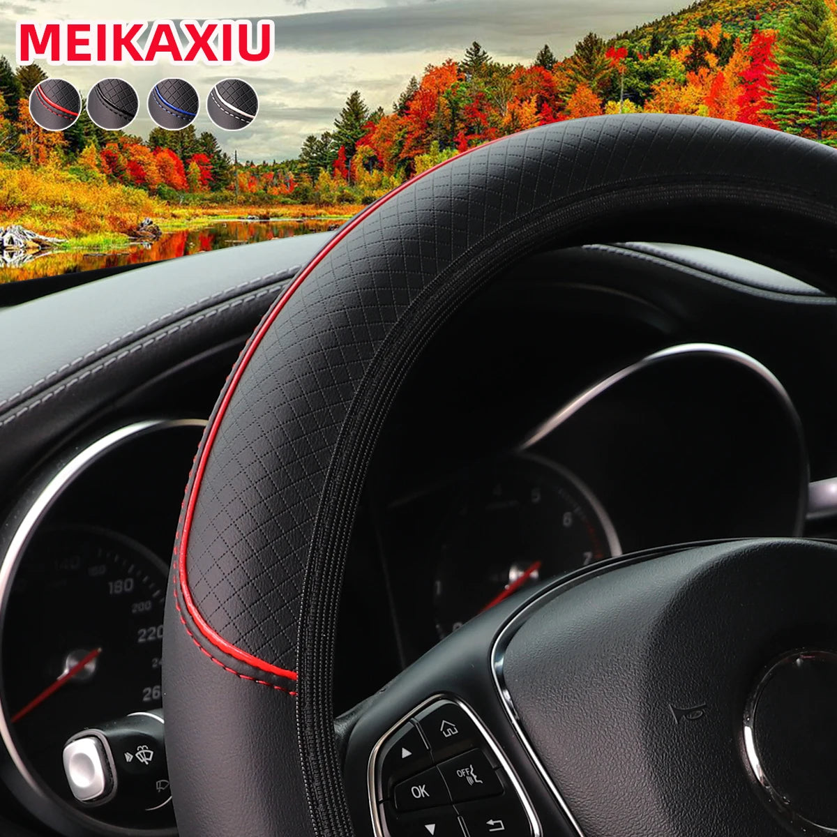 Leather Embossed Steering Wheel Cover with Red and Blue Trim