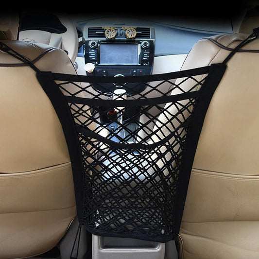 Car Mesh Seat Organizer and Pet Barrier with Pockets – 3 Layer Storage Net for Front Seats