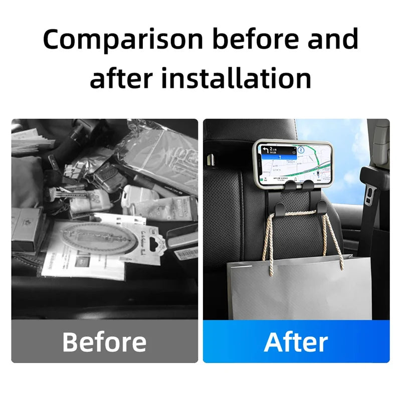 Car Headrest Hook with Phone Holder – Back Seat Organizer and Mobile Stand