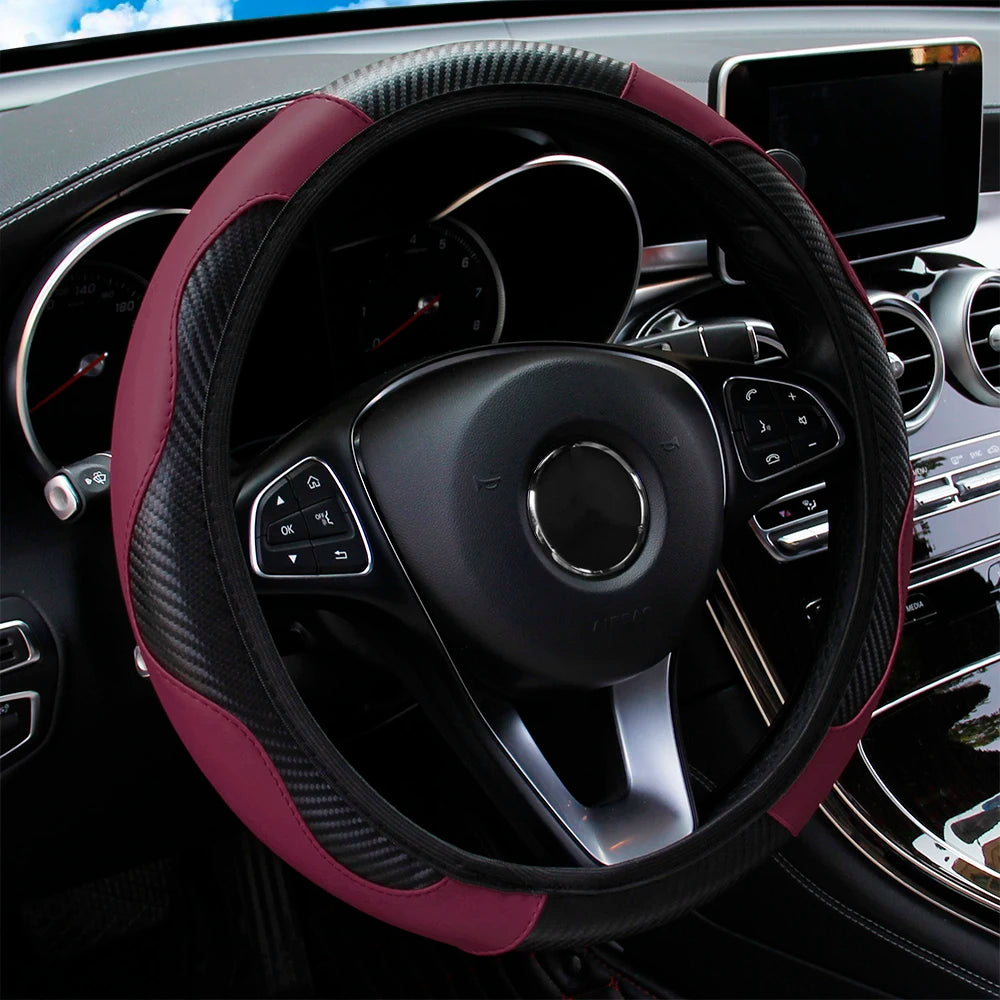 Carbon Fiber PU Leather Steering Wheel Cover for 14.5 to 15 Inch Wheels