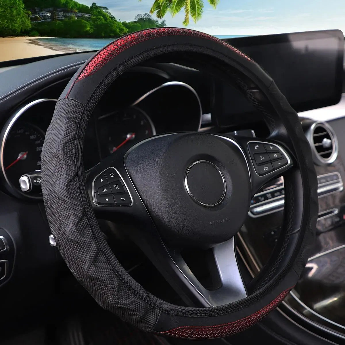 Carbon Fiber Pattern Silicone Leather Steering Wheel Cover for 14.5 to 15 Inch Wheels
