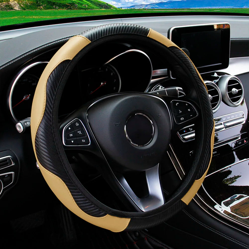 Carbon Fiber PU Leather Steering Wheel Cover for 14.5 to 15 Inch Wheels