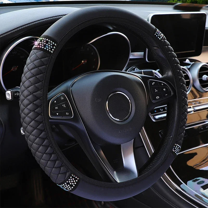 Luxury Diamond Embroidered Leather Steering Wheel Cover