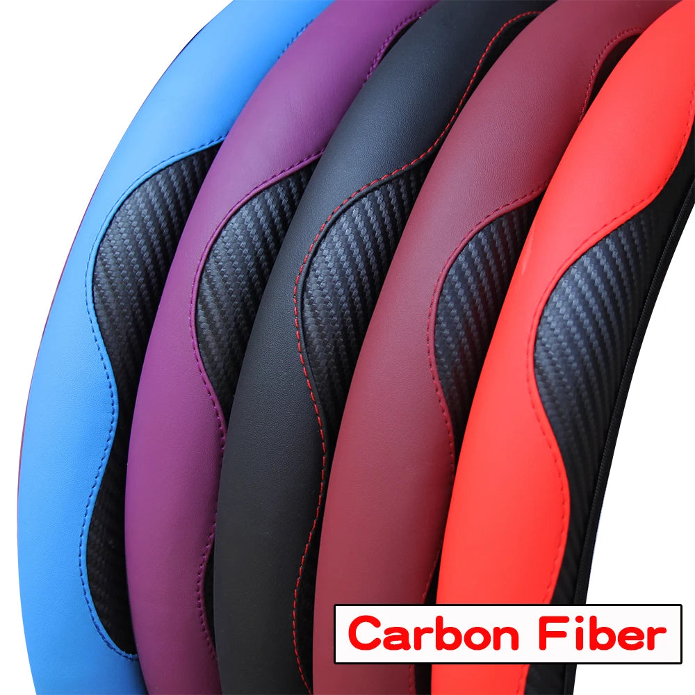 Carbon Fiber PU Leather Steering Wheel Cover for 14.5 to 15 Inch Wheels