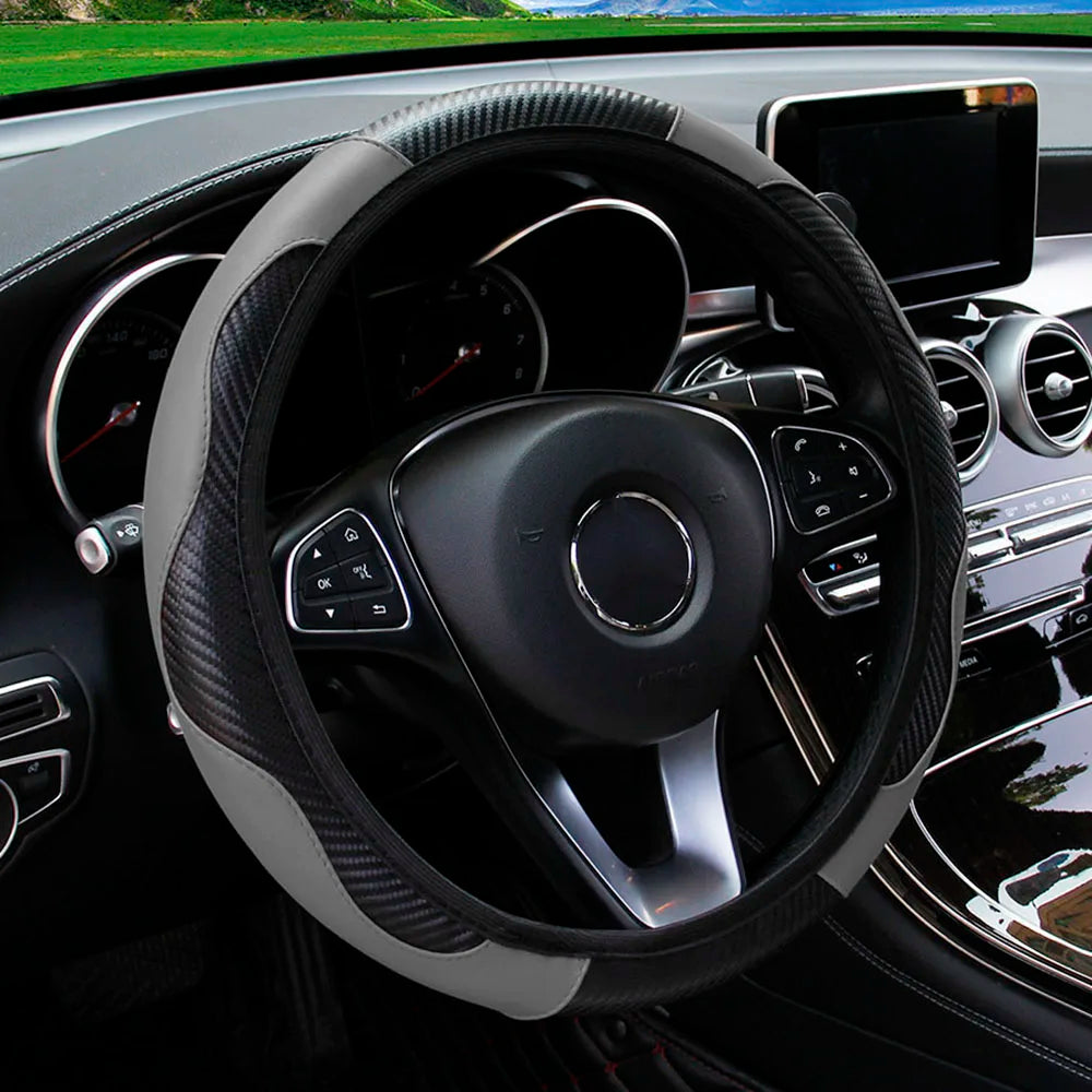 Carbon Fiber PU Leather Steering Wheel Cover for 14.5 to 15 Inch Wheels