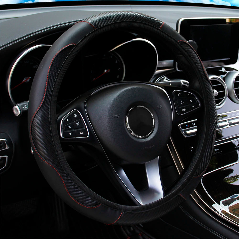 Carbon Fiber PU Leather Steering Wheel Cover for 14.5 to 15 Inch Wheels