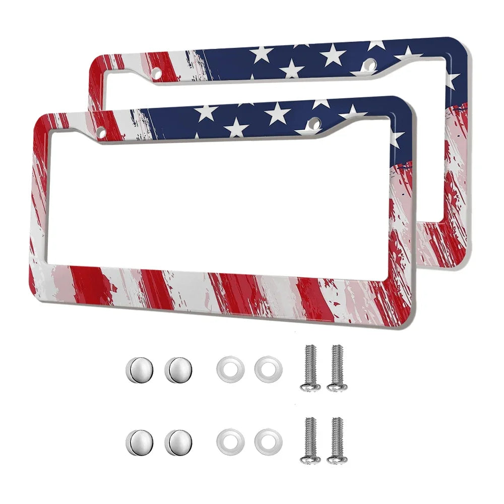 2-Pack Aluminum Alloy License Plate Frames – American Flag Design with Screws, Fits U.S. Plates