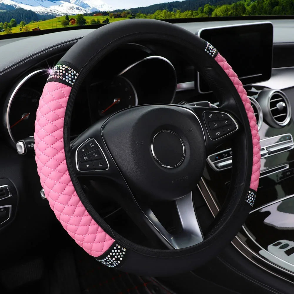 Luxury Diamond Embroidered Leather Steering Wheel Cover