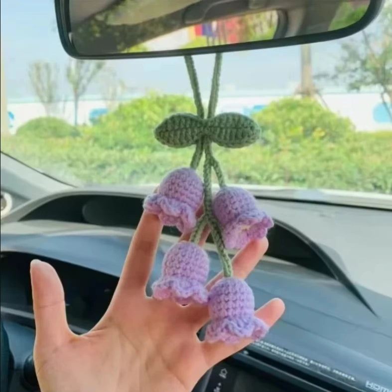 Lily Handmade Crochet Bluebell Flower Car Pendant – Rearview Mirror Hanging Keychain Accessory