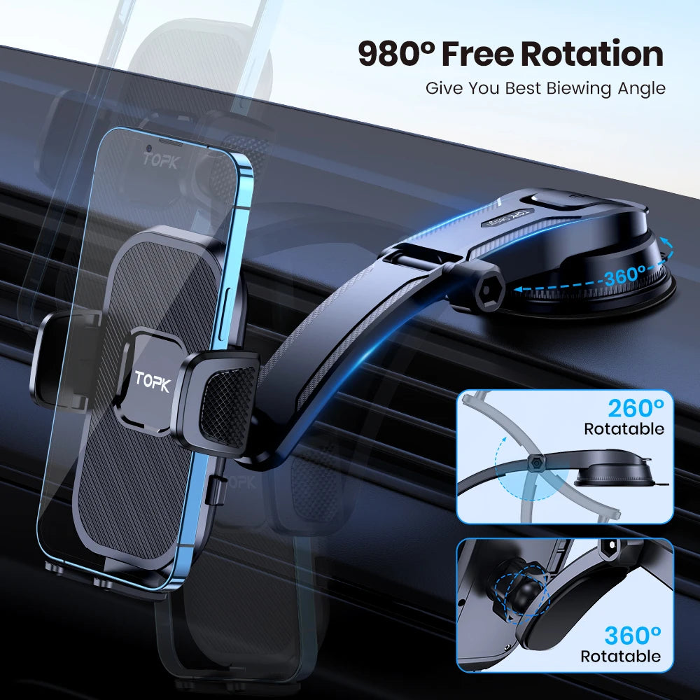 Universal Car Phone Holder for Dashboard with 360 Degree Rotation Anti Slip Grip and Adjustable Arm
