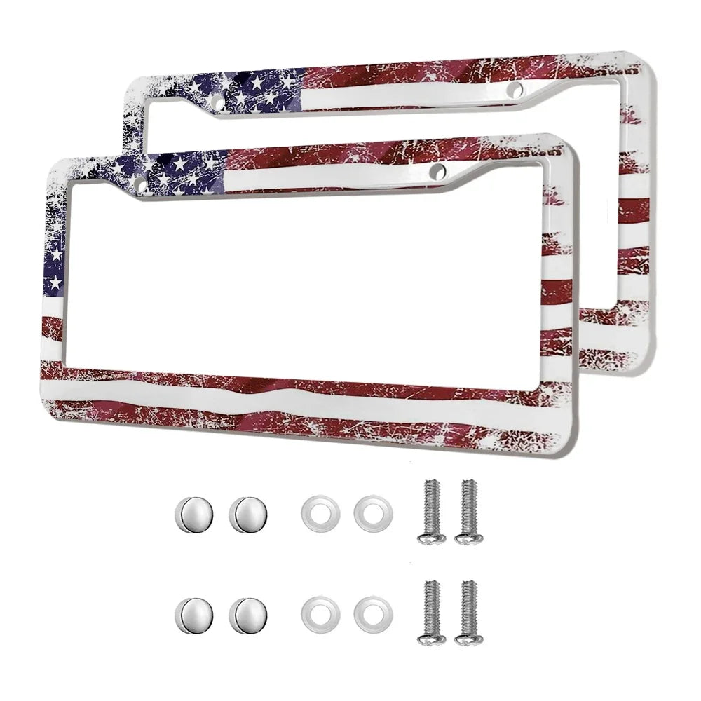 2-Pack Aluminum Alloy License Plate Frames – American Flag Design with Screws, Fits U.S. Plates
