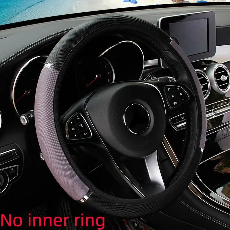 Leather Metal Strip Sporty Pop Steering Wheel Cover – Fits 14.5-15 Inch Wheels