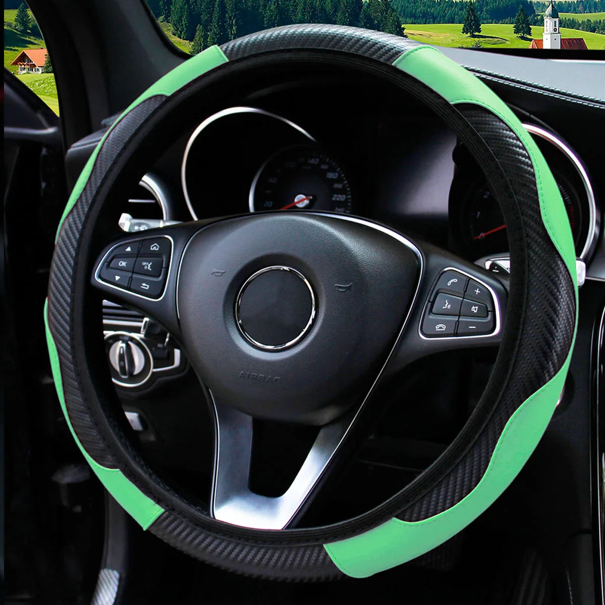 Carbon Fiber PU Leather Steering Wheel Cover for 14.5 to 15 Inch Wheels