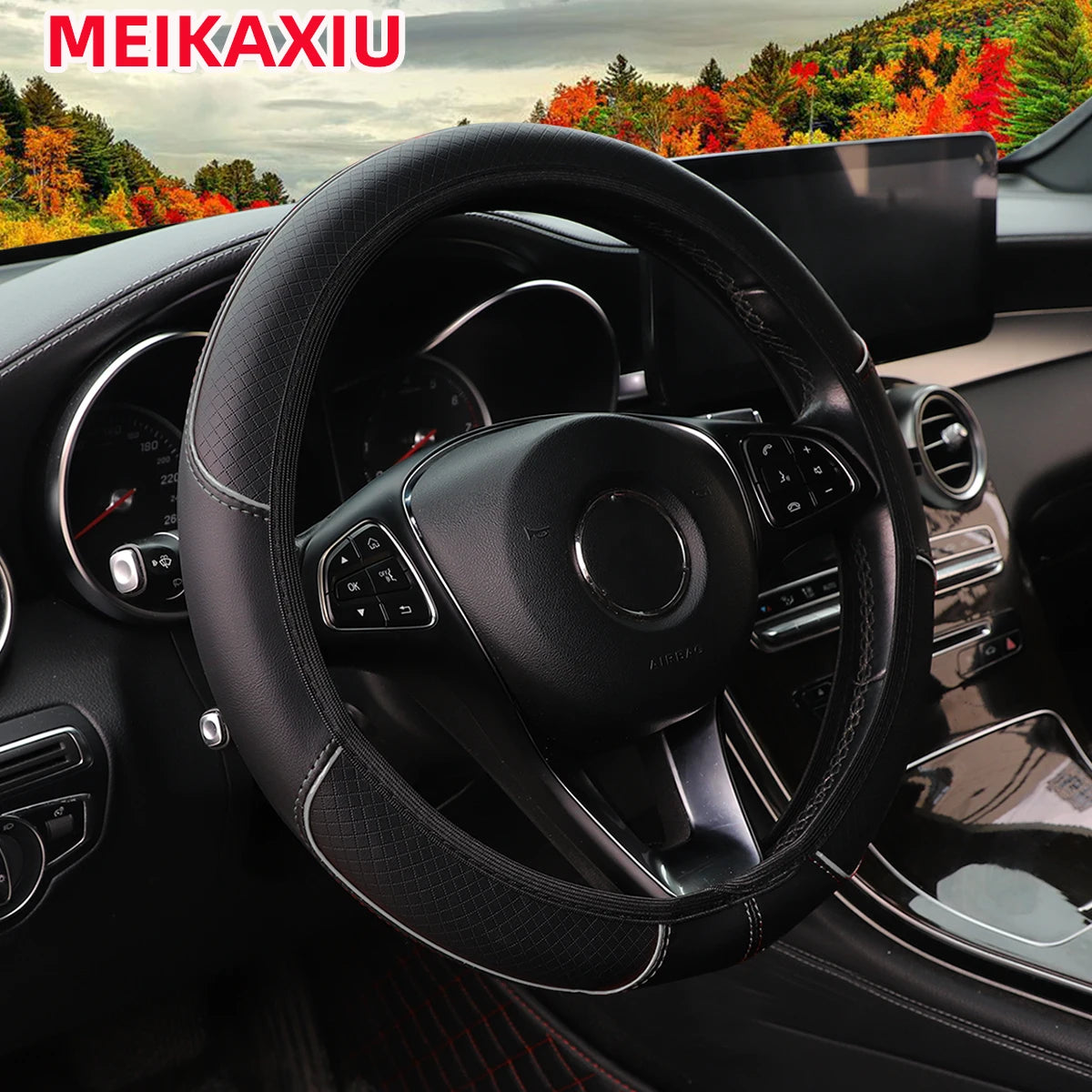 Leather Embossed Steering Wheel Cover with Red and Blue Trim