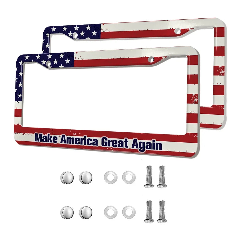 2-Pack Aluminum Alloy License Plate Frames – American Flag Design with Screws, Fits U.S. Plates
