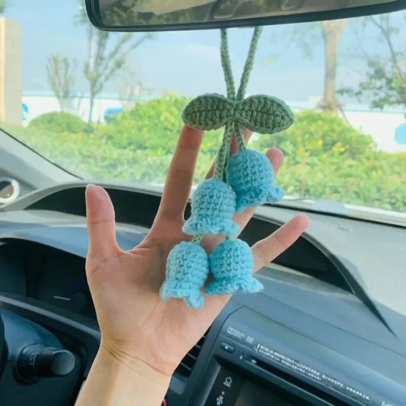 Lily Handmade Crochet Bluebell Flower Car Pendant – Rearview Mirror Hanging Keychain Accessory