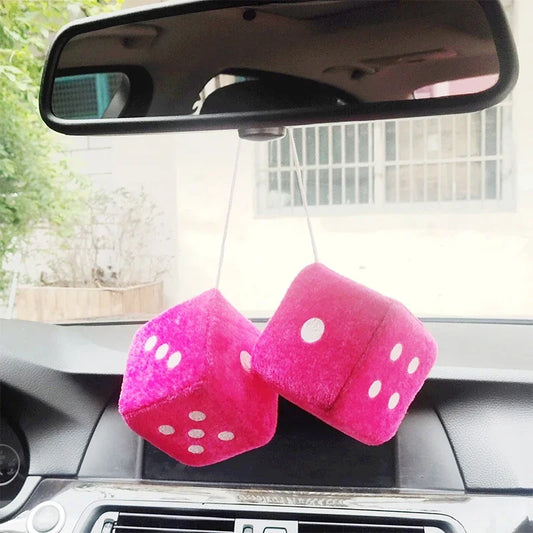 Soft Fuzzy Dice Car Mirror Hanging Accessory Pair in Multiple Colors