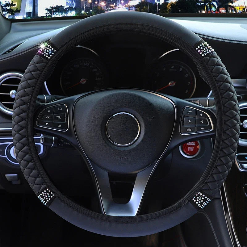 Luxury Diamond Embroidered Leather Steering Wheel Cover
