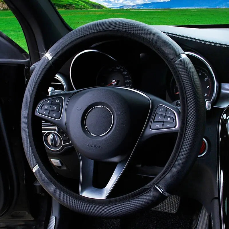Leather Metal Strip Sporty Pop Steering Wheel Cover – Fits 14.5-15 Inch Wheels