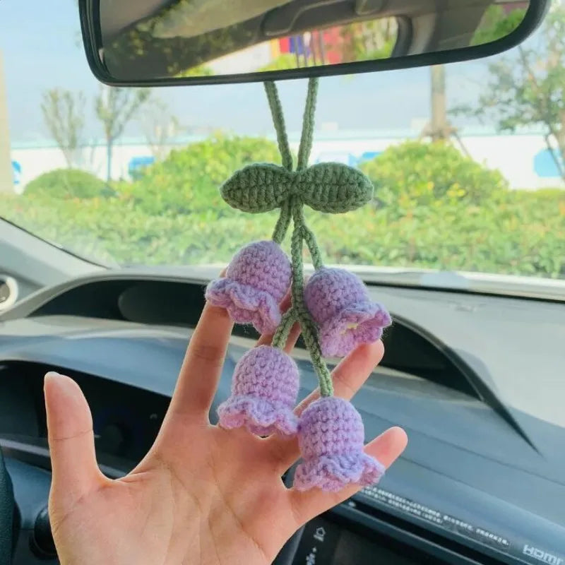 Lily Handmade Crochet Bluebell Flower Car Pendant – Rearview Mirror Hanging Keychain Accessory