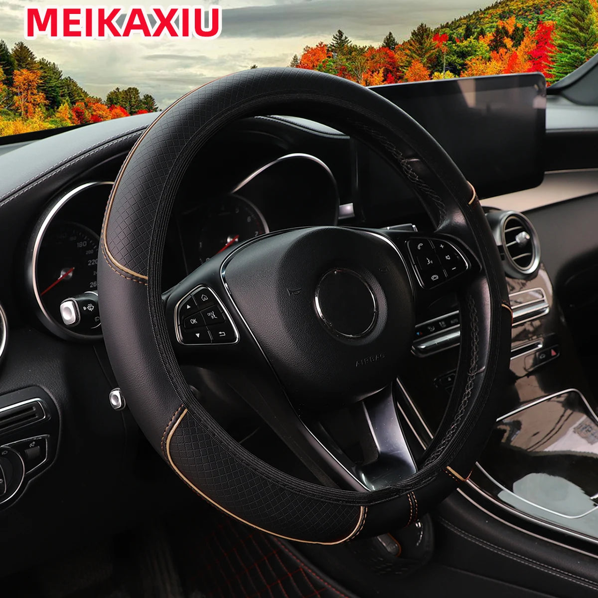 Leather Embossed Steering Wheel Cover with Red and Blue Trim