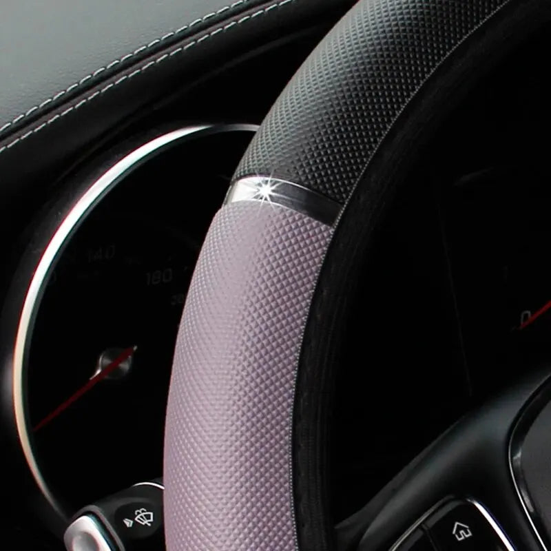Leather Metal Strip Sporty Pop Steering Wheel Cover – Fits 14.5-15 Inch Wheels
