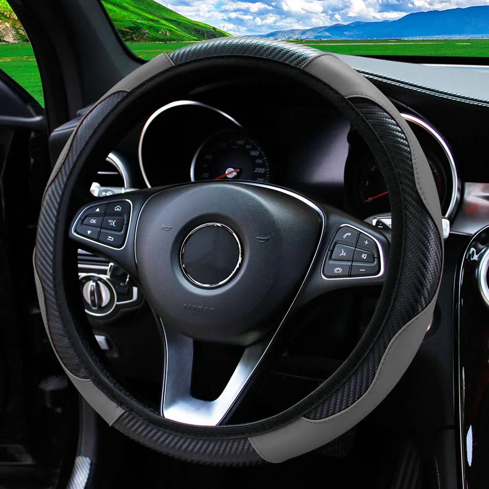 Carbon Fiber PU Leather Steering Wheel Cover for 14.5 to 15 Inch Wheels