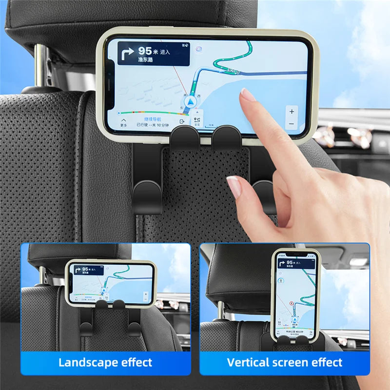 Car Headrest Hook with Phone Holder – Back Seat Organizer and Mobile Stand