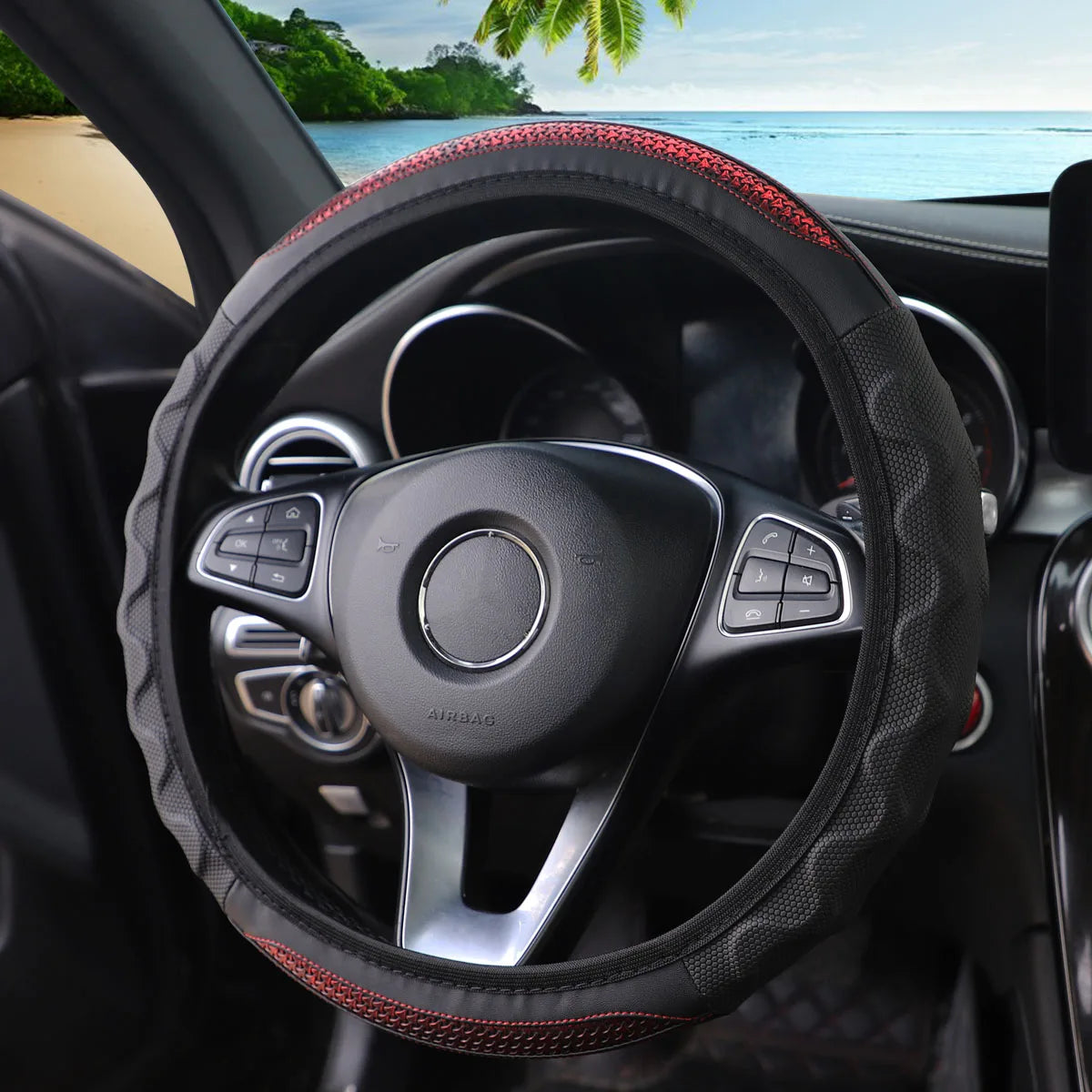Carbon Fiber Pattern Silicone Leather Steering Wheel Cover for 14.5 to 15 Inch Wheels