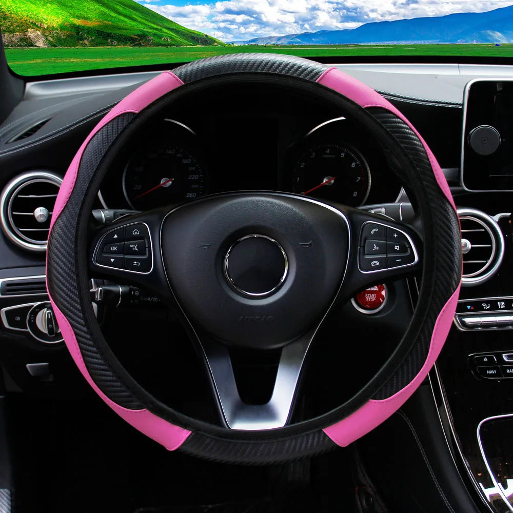 Carbon Fiber PU Leather Steering Wheel Cover for 14.5 to 15 Inch Wheels