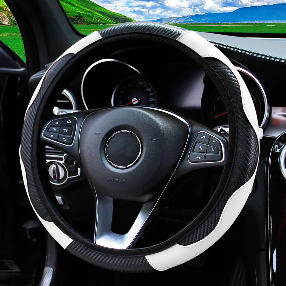 Carbon Fiber PU Leather Steering Wheel Cover for 14.5 to 15 Inch Wheels