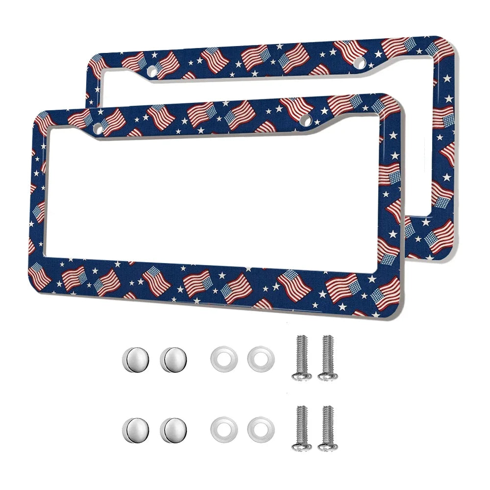 2-Pack Aluminum Alloy License Plate Frames – American Flag Design with Screws, Fits U.S. Plates