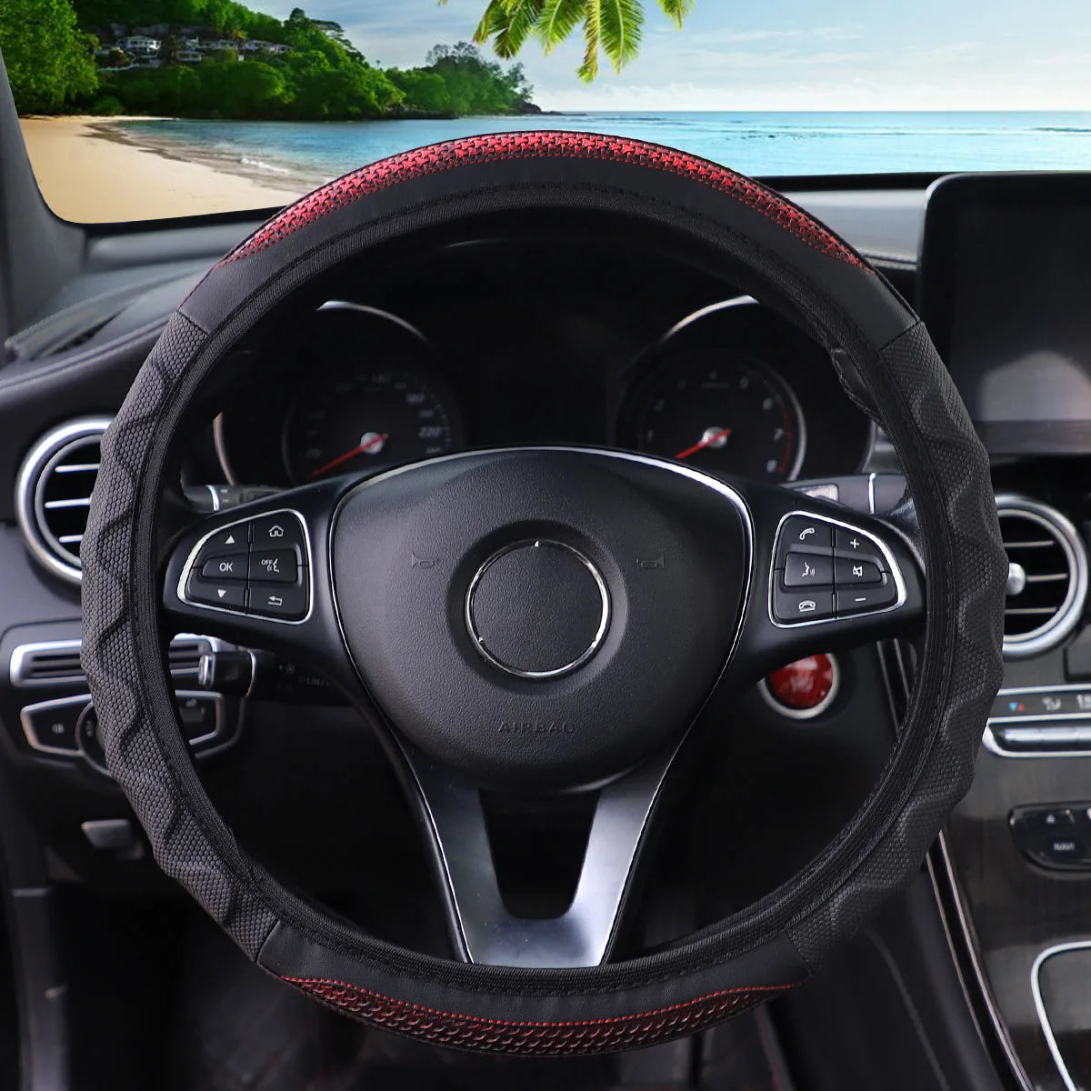 Carbon Fiber Pattern Silicone Leather Steering Wheel Cover for 14.5 to 15 Inch Wheels