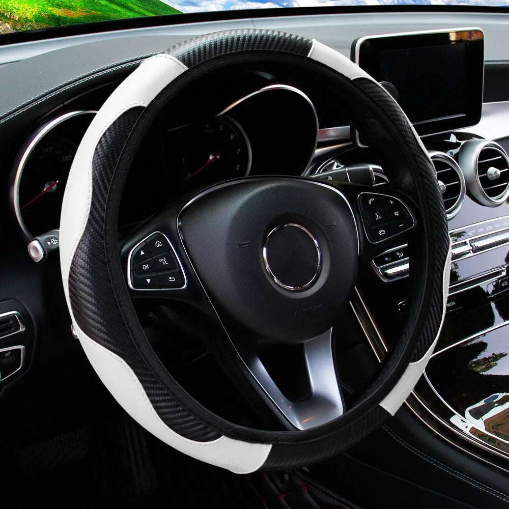 Carbon Fiber PU Leather Steering Wheel Cover for 14.5 to 15 Inch Wheels