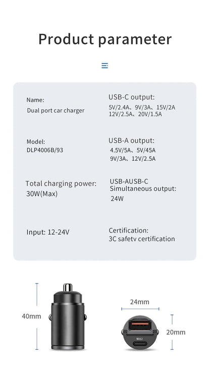 Dual USB 30W Car Charger – Fast Charging Adapter for 12V–24V Outlets