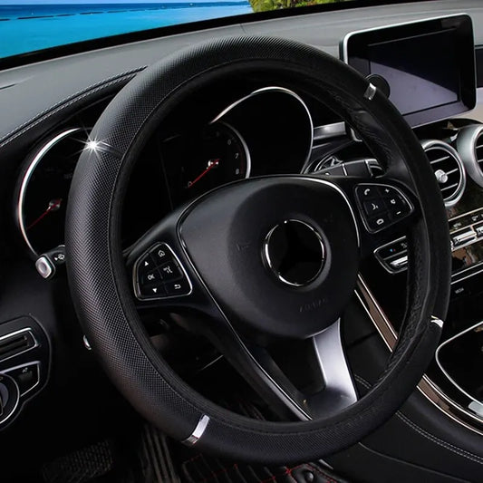 Leather Metal Strip Sporty Pop Steering Wheel Cover – Fits 14.5-15 Inch Wheels