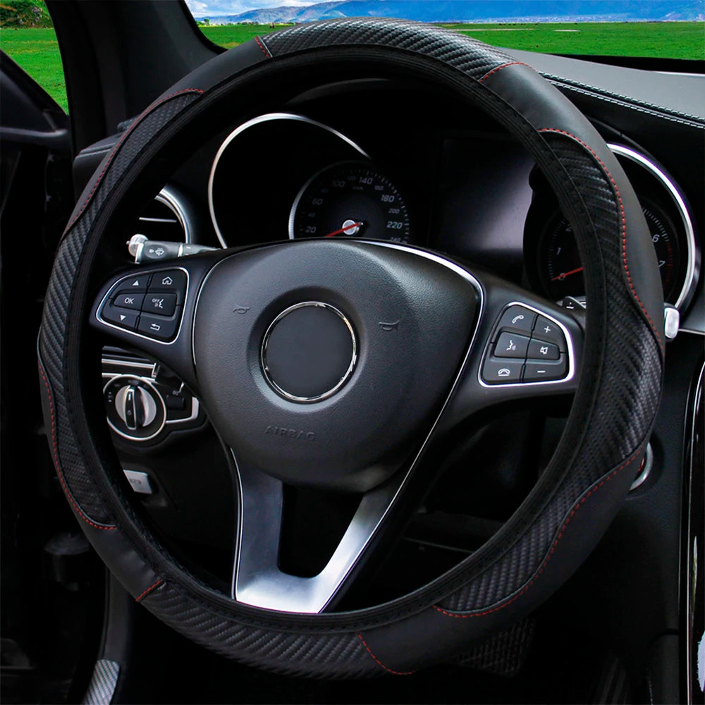 Carbon Fiber PU Leather Steering Wheel Cover for 14.5 to 15 Inch Wheels